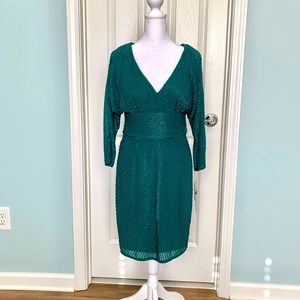 NWT Aidan Mattox Emerald Beaded V-Neck Cocktail Mini  Dress